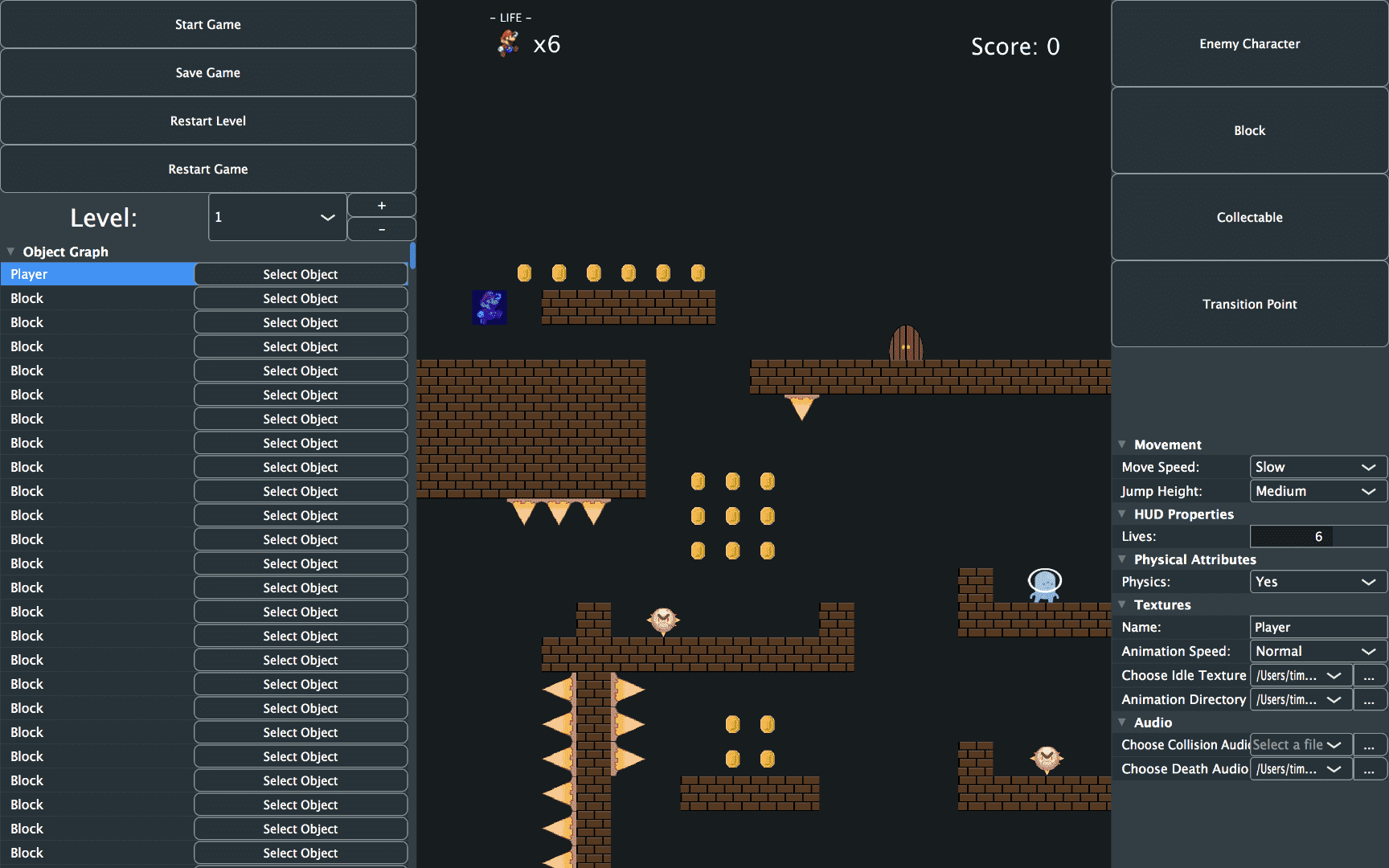 Depicts our 2D game-editor UI. In the center, the game world is shown while the left side of the screen list objects and game controls and the right side of the screen depicts an inspector that allows you to change settings or assign behaviors.