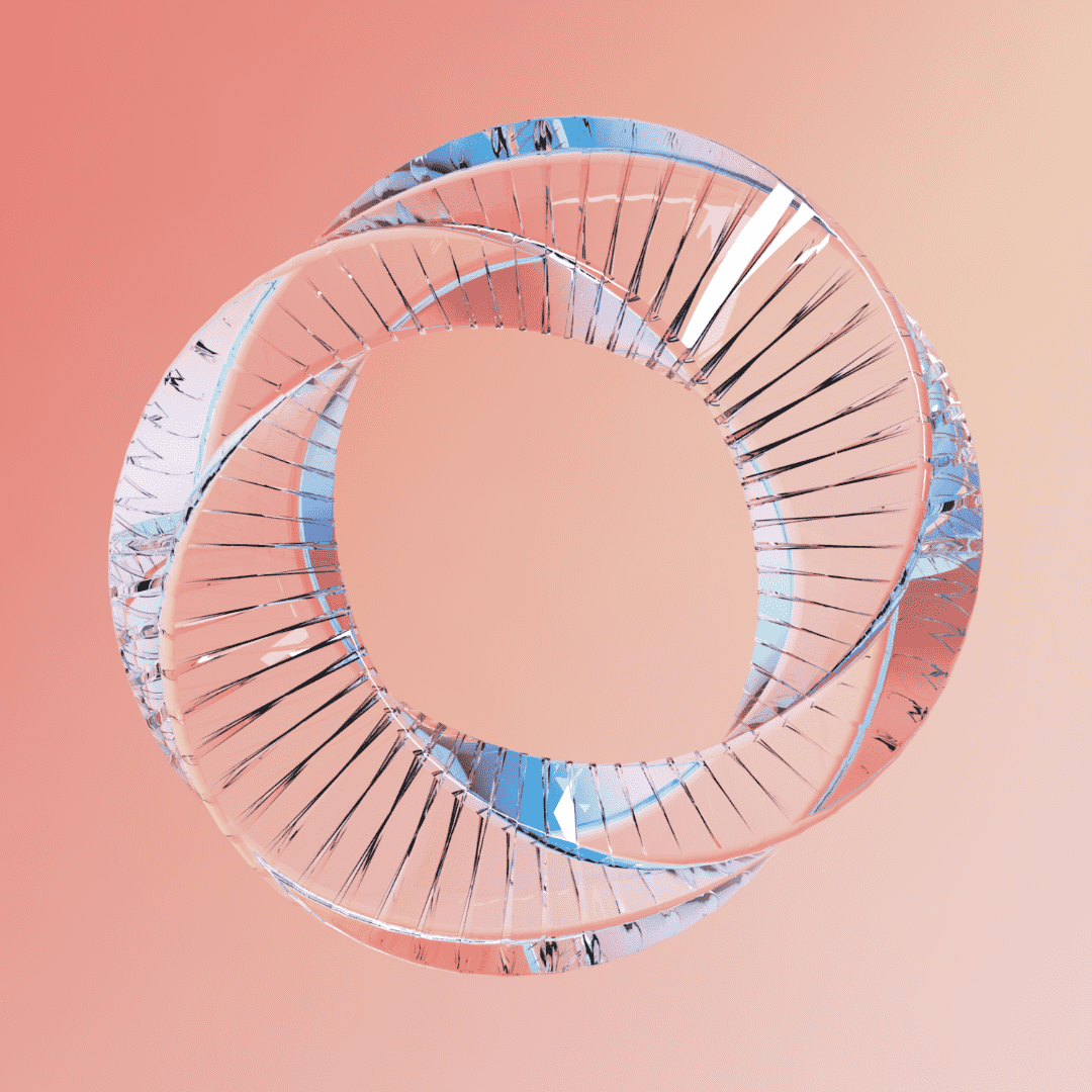 A mobius strip made of glass refracting pink and blue light in a pink room.