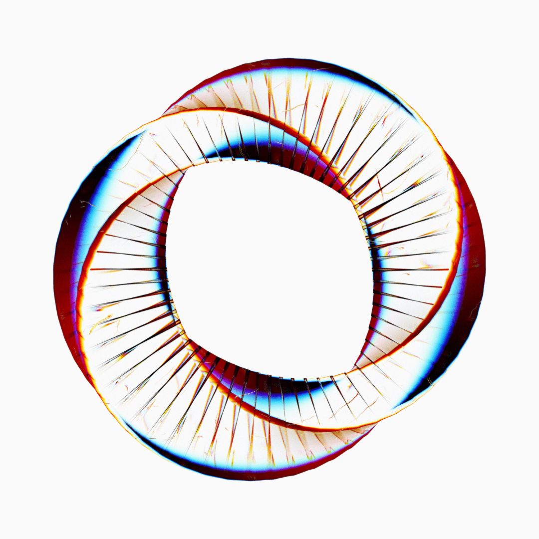 A mobius strip made of glass with light reflacting through the surface producing a spectrum of varrying color.