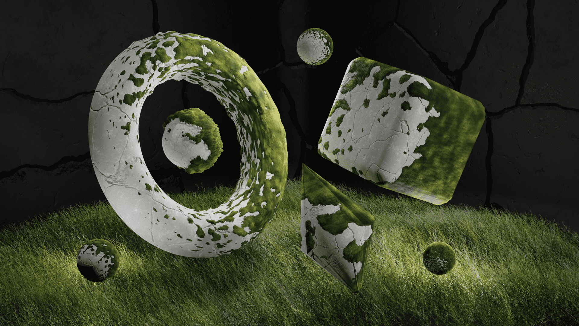 A floating collection of basic geometric shapes with moss growing on them in a cave-like room with glowing grass. There is a torus with a sphere in the middle, a cube with rounded edges, a double-edged cone, and 3 other floating spheres.