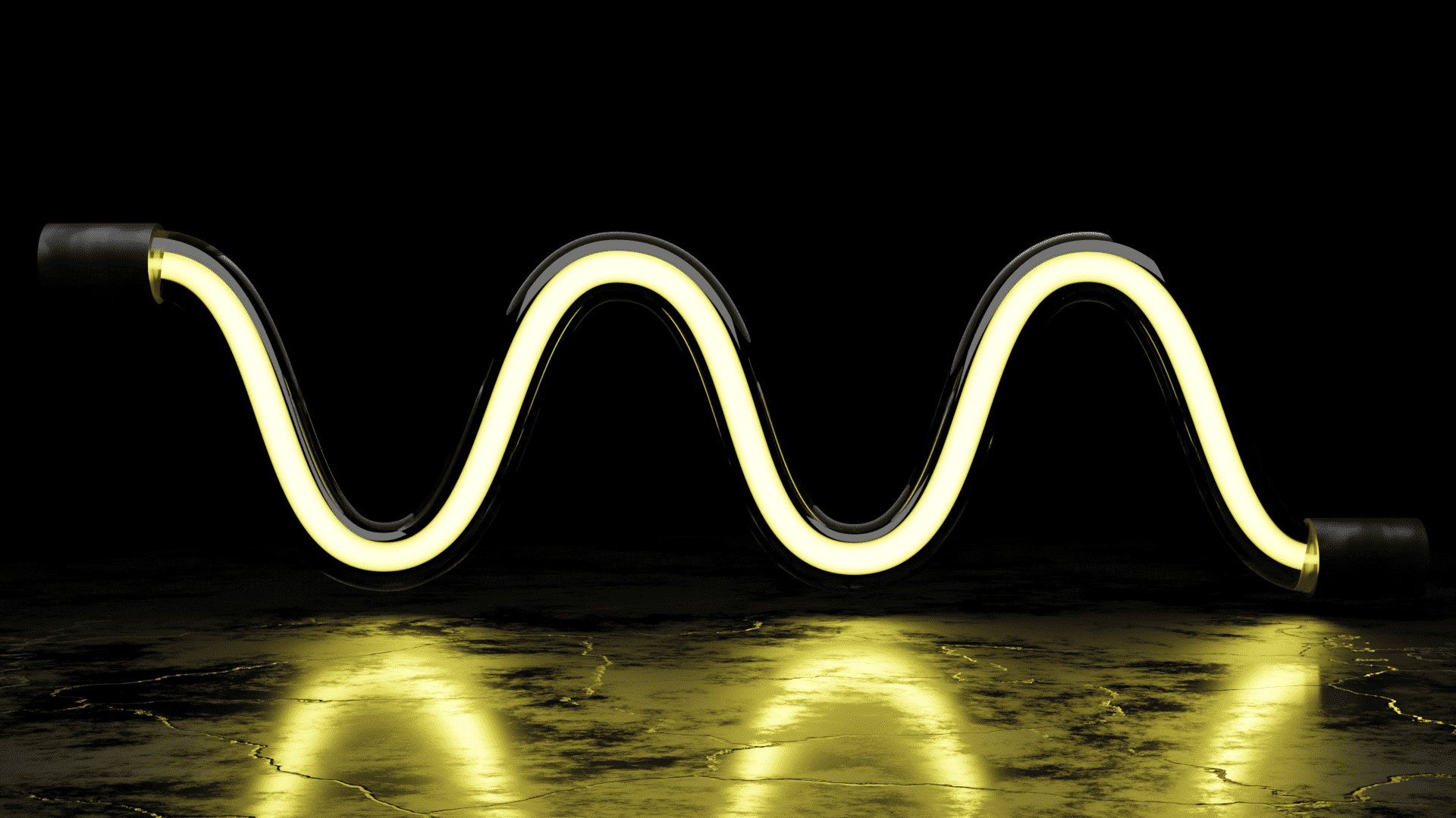 A yellow neaon glass tube shaped like a sine wave over a reflective, metalic floor with cracks.