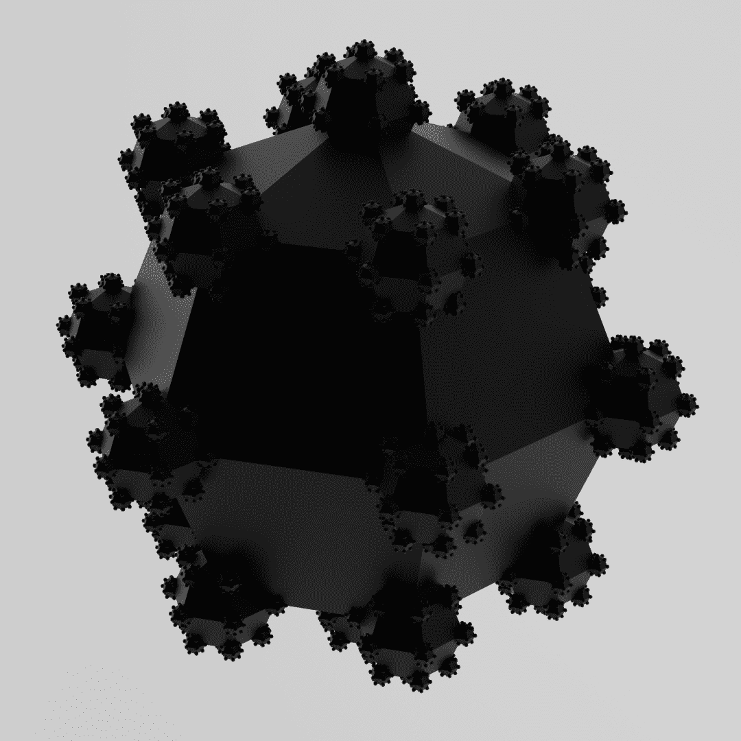 A fractal of low-poly segmented UV spheres where smaller spheres are instanced at each vertex of every sphere.