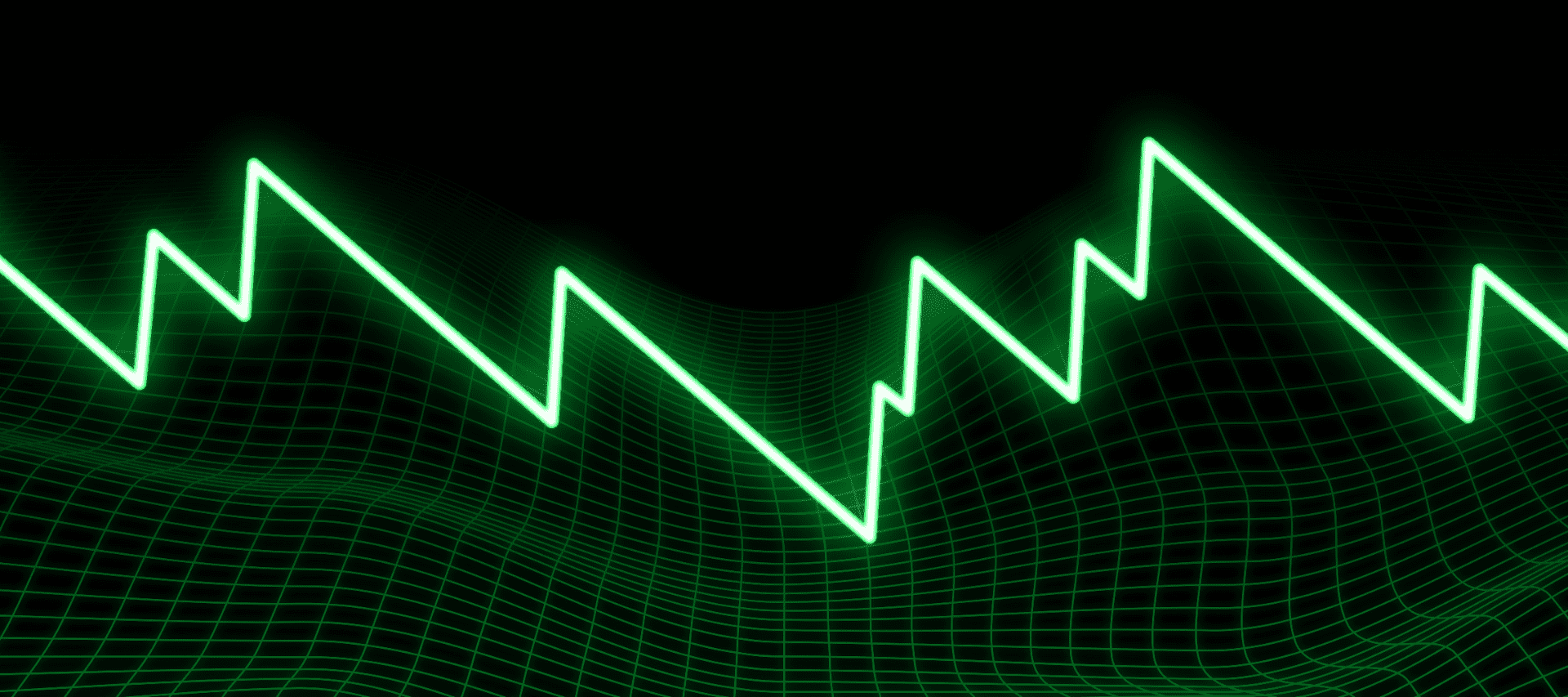 A super-saw wave as a green glowing neon line-trace over a geometric grid of large waves.