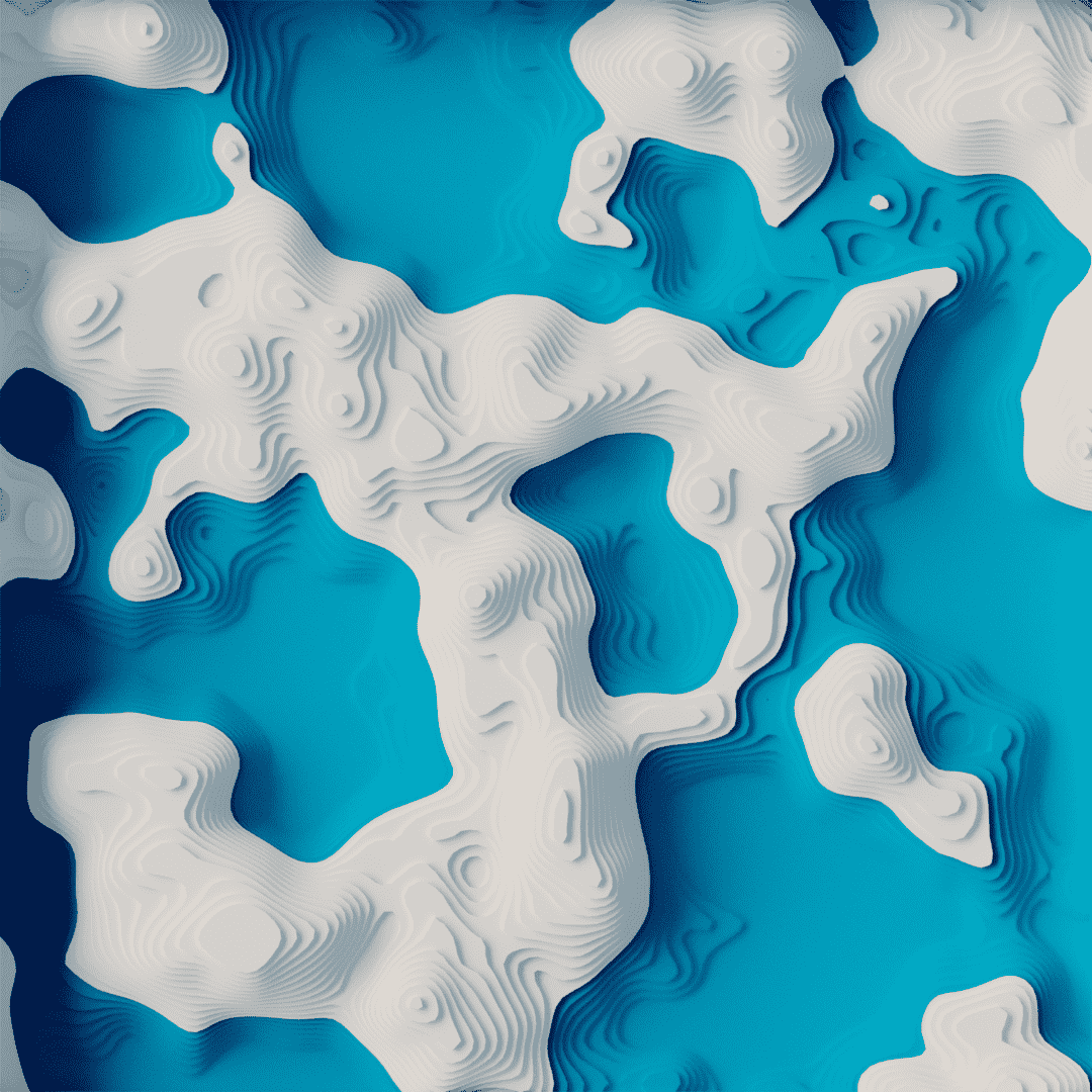 A top-down view of a layered topographical map with snowy peaks and bright blue water at an even level.