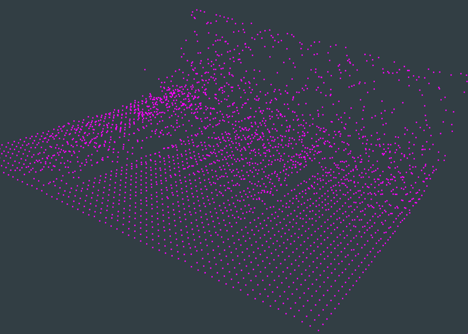 A 3D audio frequency spectrum visualization depicting individual points of the specturm as purple dots. Time is shown on the X axis, audio amplitude on the Z axis, and frequency on the Y axis.