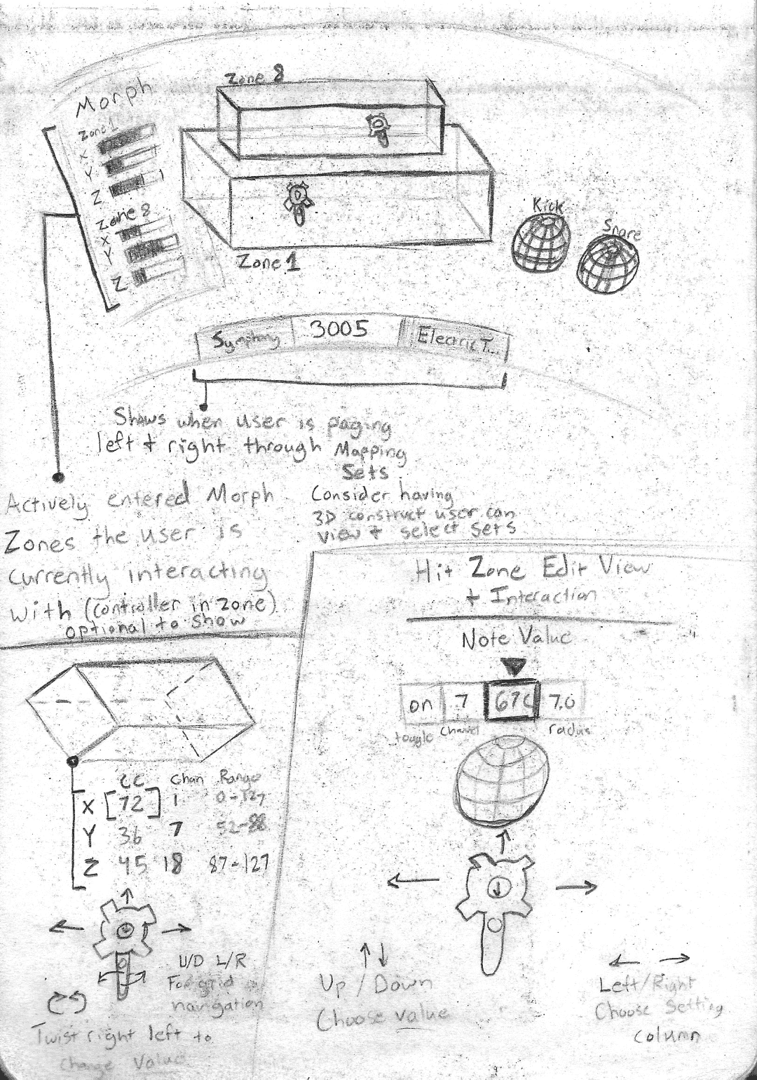 A hand-drawn sketch depicting a UI concept of MoveMusic VR software. It shows VR controllers interacting with 3D rectangular prisms and spheres and shows floating UI settings and a HUD showing the user their current workspace of controls. It also explores gesture interactions for setting MIDI values.