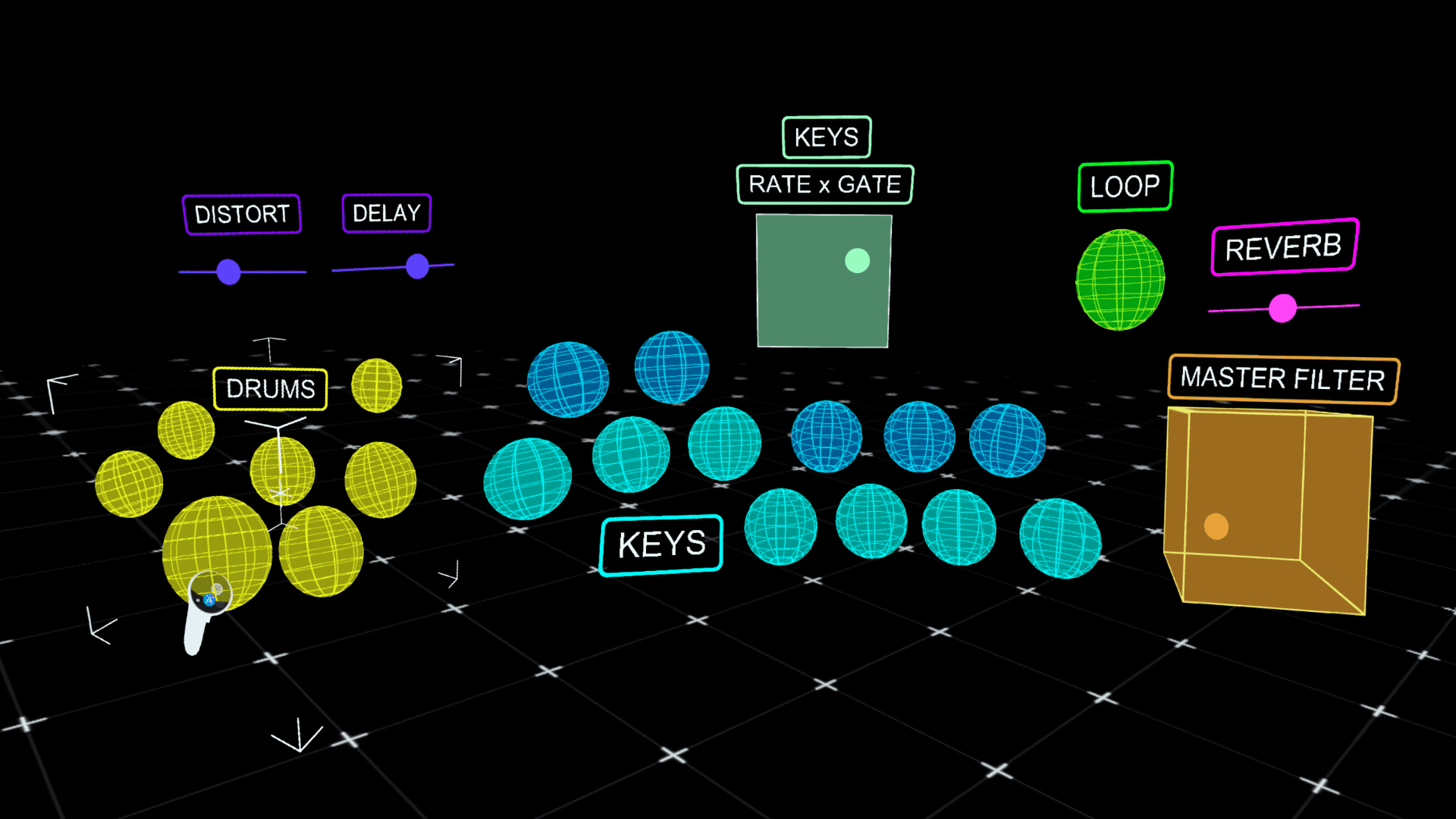 A virtual MoveMusic layout in a black VR space. There are colored groups of various geometric shapes which are interactable controls and text labels for some controls.