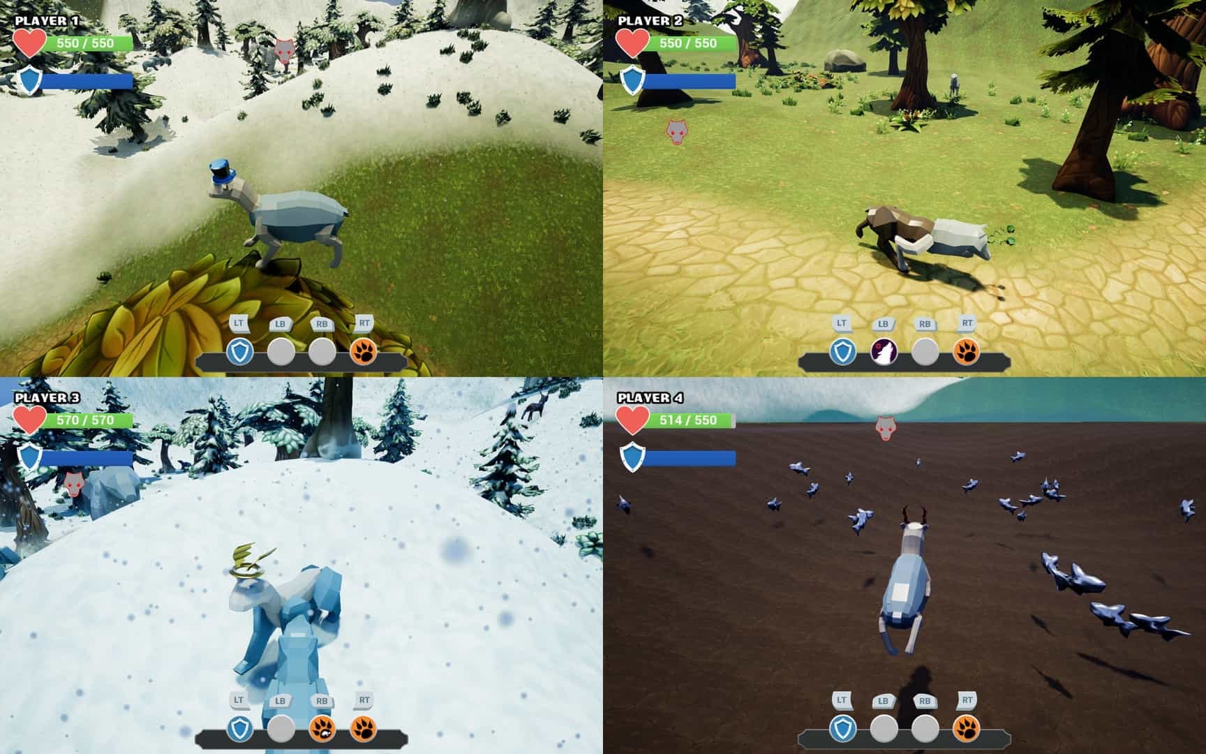 Screen shot of our game. Shows a 4-player split screen with different low-poly animals in different environments.