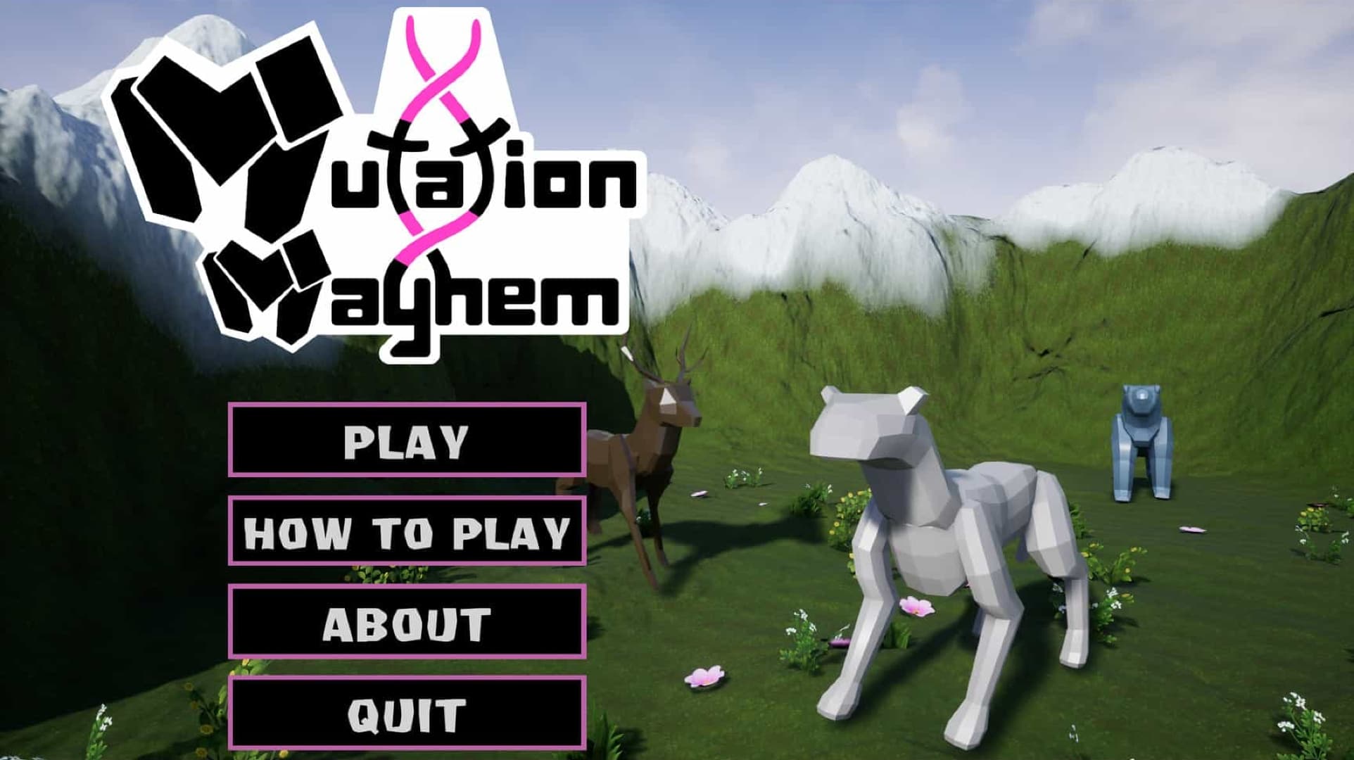 Screen shot of our game. Shows a start screen menu with the animal characters.