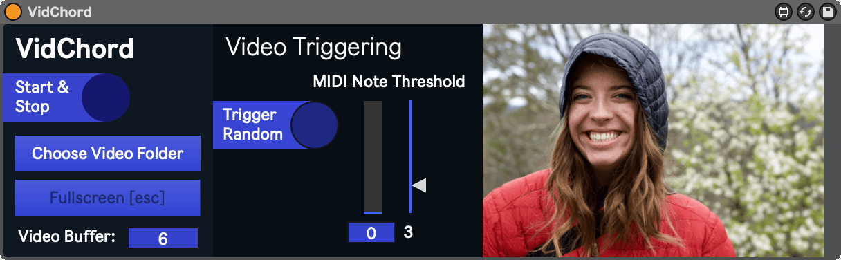 UI of VidChord shows a video image, settings to start/stop, trigger a random video, and choose the video folder.
